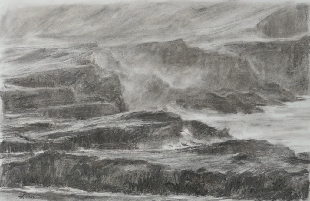 Klippen (Kerry Cliffs, Irland), 2025, Kohle, 40 x 59,5 cm